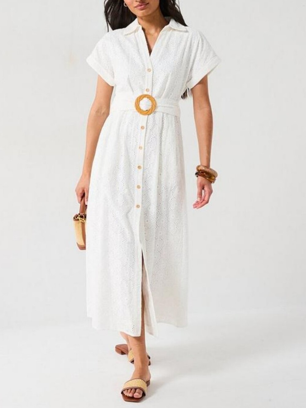 Charlie B White Eyelet Shirt Maxi Dress with Belt Short Sleeves Medium